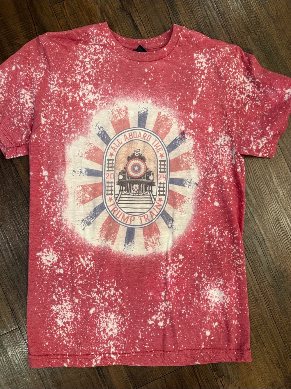 Red Splatter Graphic Tee with Train Motif